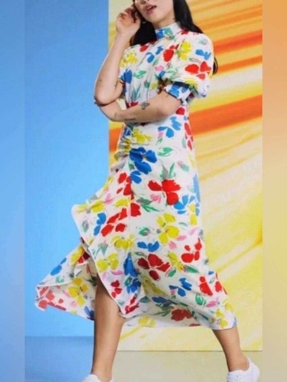 RIXO whimsy boho White Floral Maxi Dress with Red, Blue, Yellow & Green Blooms